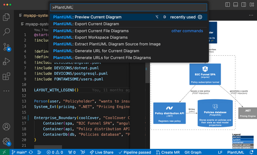 L'extension PlantUML de VS Code permet d'obtenir une live preview du code en diagramme