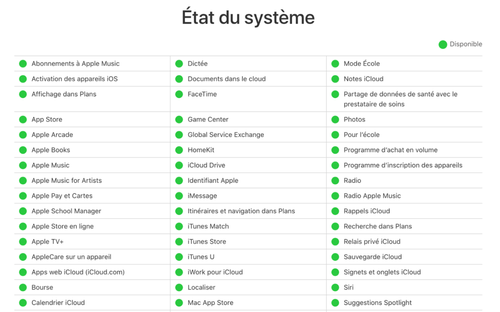 Etat des services apple (https://www.apple.com/fr/support/systemstatus/)