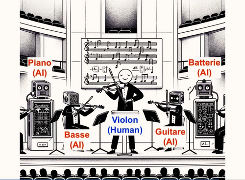 Illustration dessinée du groupe de musique dans laquelle tous les musiciens sont des IA à l'exception du violon