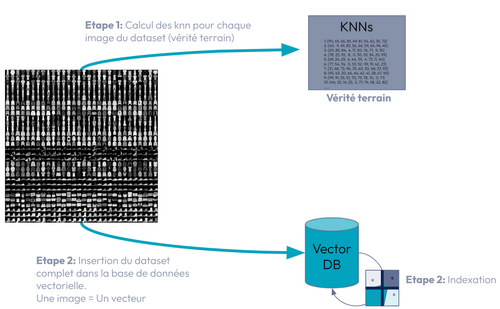 Etape 1 : Les KNN sont calculés pour chaque image du dataset et constituent la vérité terrain.
Etape 2 : Le dataset complet est inséré dans la base de données vectorielles. Une image = un vecteur.