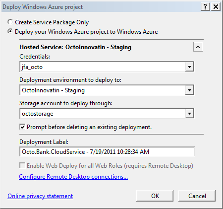 Visual Studion Azure Publish dialog