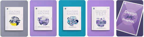 Couvertures des publications d'OCTO Technology parues en 2023 : Culture Produit, Culture Hacking, Culture Kaizen, Culture Test Vol. 1 et Refcard Design API GraphQL