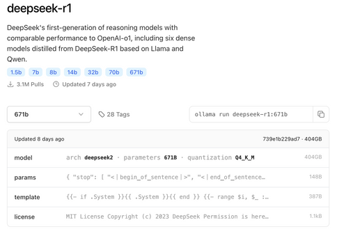 Doc de ollama montrant le poids de DeepSeek R1