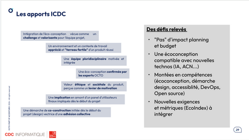 Extrait de présentation, montrant les différents retouts d'expérience de cet audit par ICDC.