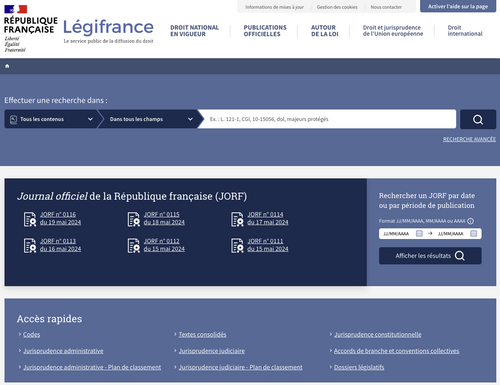 Image présentant une capture d'écran de la page d'accueil du site internet Légifrance