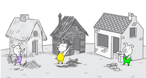 3 petits cochons et leur maison en paille, bois et brique