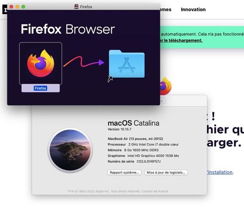 Copie d'écran d'un MacBook Air. Deux fenetres sont affichées. La premiere permet l'installation de Firefox. La seconde est la fenêtre A propos de ce Mac quqi affiche que c'est macOS Catalina version 10.15.7. Niveau matériel, la machine date de mi-2012 et dispose d'un processeur 2GHz Core i7 double coeur avec 8 Go de mémoire. 