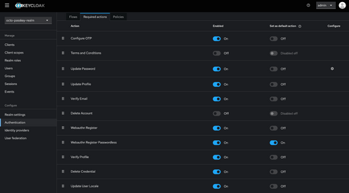 Onglet Required Actions avec “Webauthn Register Passwordless” en Default Action