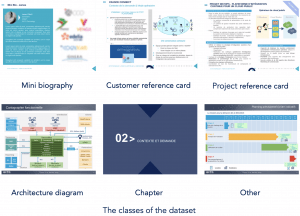 The classes of the dataset are : Customer reference card, Project reference card, Architecture diagram, Mini biography, Chapter and Other