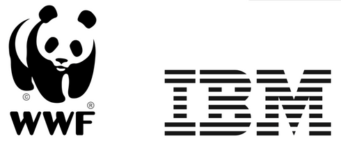 Logo de WWF représentant un panda avec un style graphique simple, illustratif. A droite, logo d'IBM. Il s'agit des 3 lettres de l'entreprise mais faites de segments horizontaux noirs, les lettres ne sont donc pas complètes. 