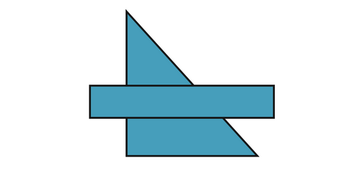 Un rectangle bleu délimité de noir devant un triangle bleu délimité . Perçu comme 2 formes indépendantes et non pas comme une seule forme complexe. 
