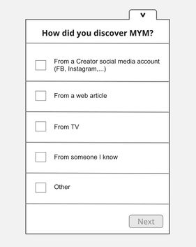 Questionnaire à choix multiples destinés à sonder les utilisateurs autour de la question "How did you discover MYM?".