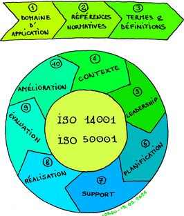 Framework des normes ISO 14001 et ISO 50001 : les deux frameworks sont identiques. Ils figurent 10 étapes : Domaine d'application, Références normatives, Termes et définitions, Contexte de l'organisation, Leadership, Planification, Support, Réalisation, Évaluation, Amélioration.