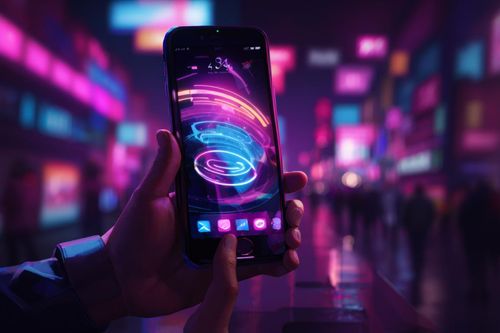 Image photoréaliste d'un téléphone tenu par une main, avec des lumières autour
