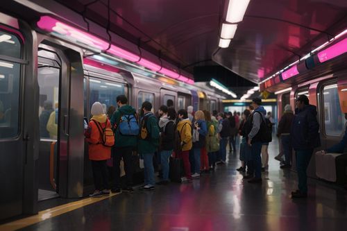 Image photoréaliste de personnes entrant dans une rame de métro