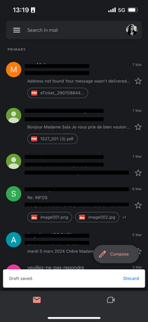 Screenshot de l'application gmail lors de la sauvegarde d'un message en brouillon