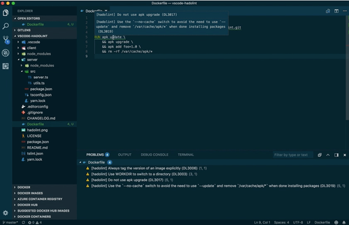 Capture d'écran d'Hadolint intégré à VS Code