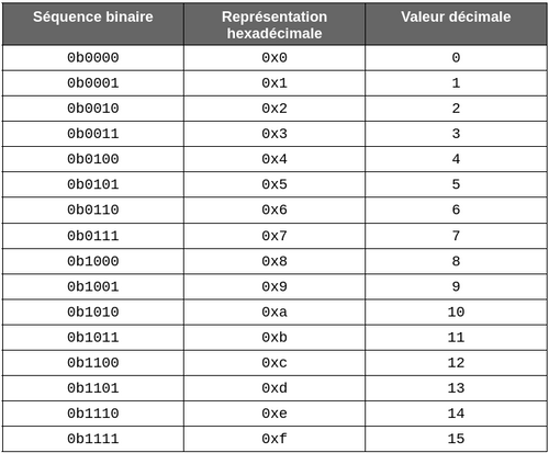 Exemples de représentation binaire, hexa et décimale