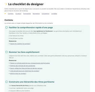 Capture d'écran du site : Checklist - Design accessible
