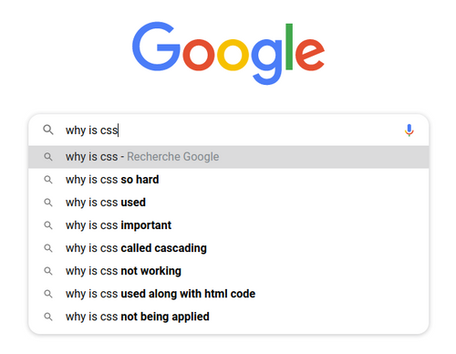 Capture d'écran d'une recherche Google sur les termes why is css avec comme résultats notamment "why is css so hard", "why is not working", "why is css not being applied"